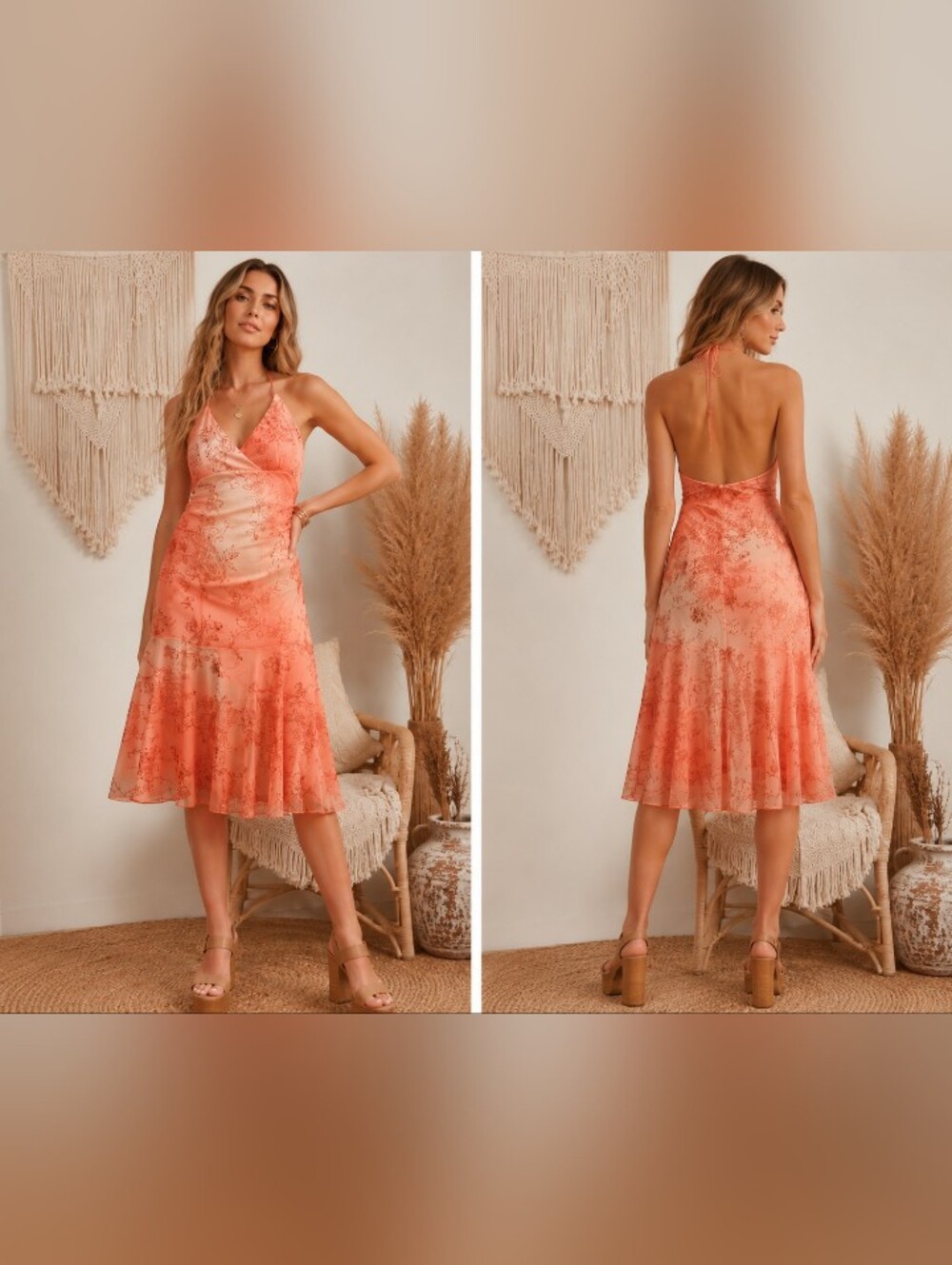 Taboo Peach Glitter Floral Paisley Halter Dress Boho Y2K Women's Small